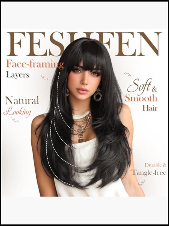 Straight Sleek Layered Wig with Bangs 24 Inch Natural Synthetic Hair Heat main image 5